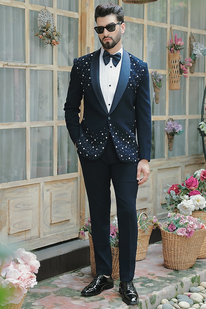 Navy Blue Crepe Blend Hand Embroidered Tuxedo Set by Bhavya Bhasin