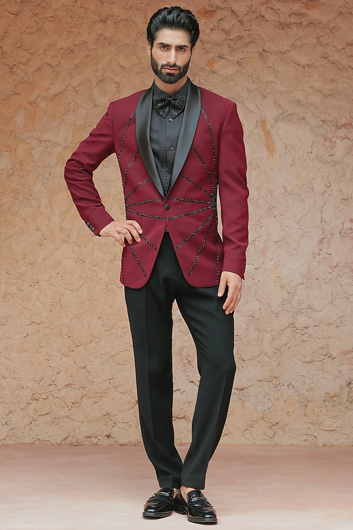 Burgundy Crepe Blend Hand Embroidered Tuxedo Set by Bhavya Bhasin