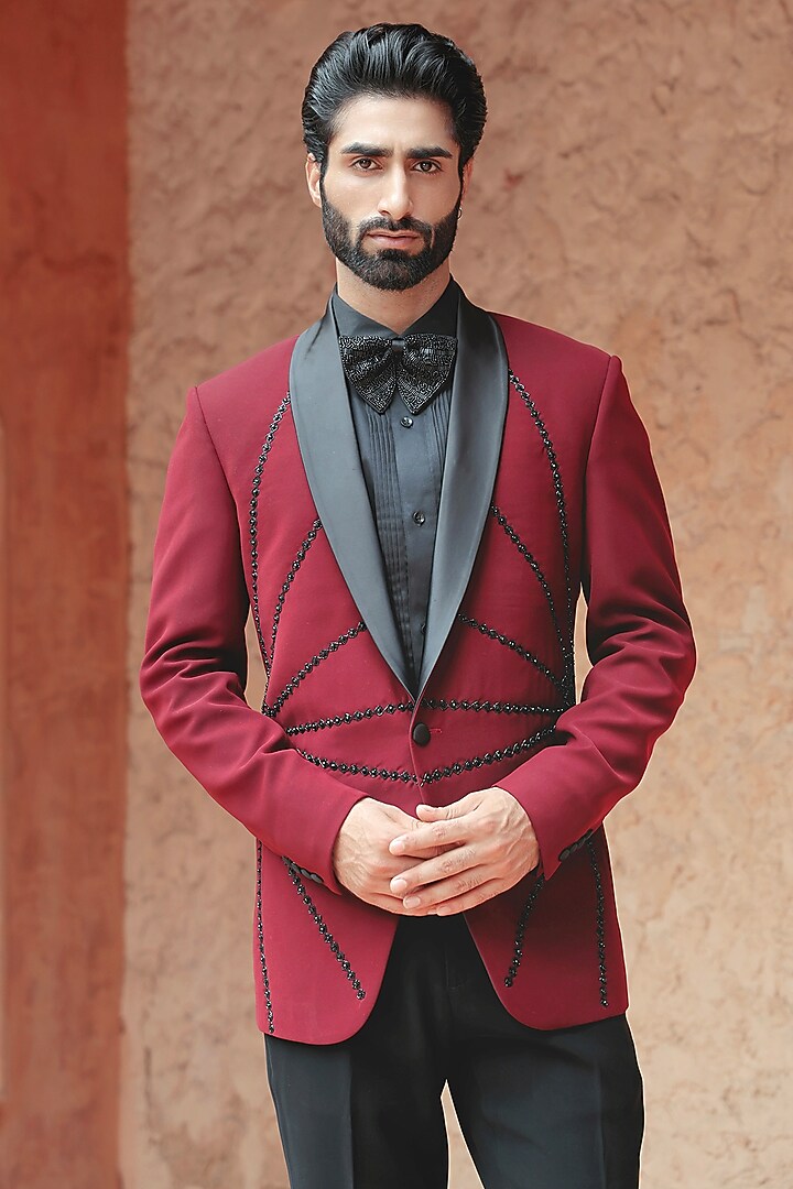 Burgundy Crepe Blend Hand Embroidered Tuxedo Set by Bhavya Bhasin at Pernia's Pop Up Shop
