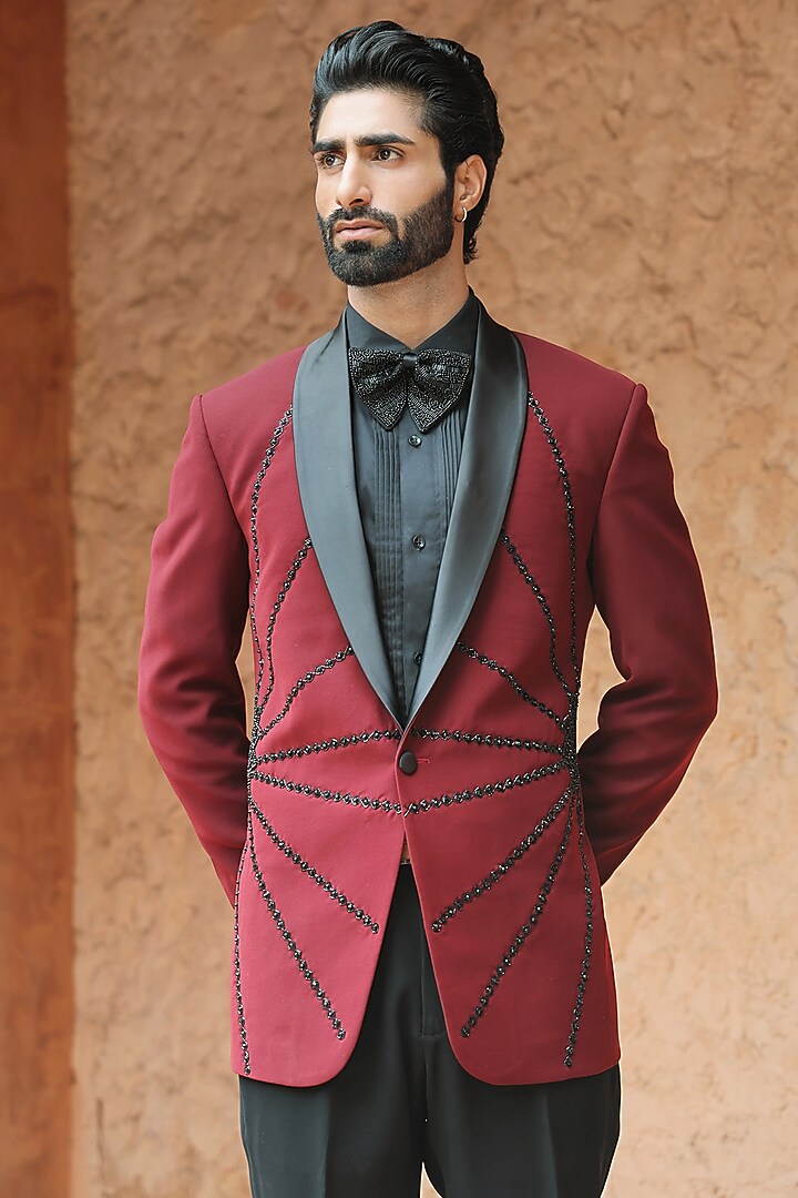 Burgundy Crepe Blend Hand Embroidered Tuxedo Set by Bhavya Bhasin at Pernia's Pop Up Shop
