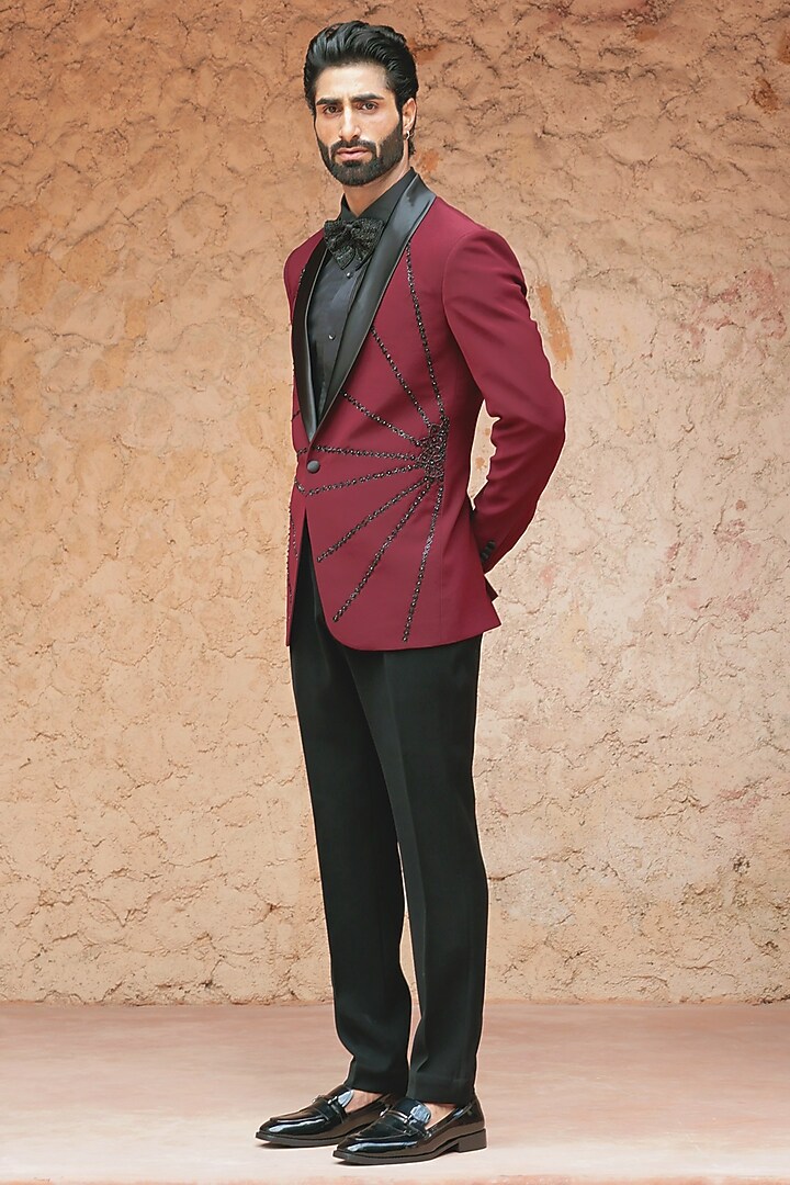Burgundy Crepe Blend Hand Embroidered Tuxedo Set by Bhavya Bhasin at Pernia's Pop Up Shop