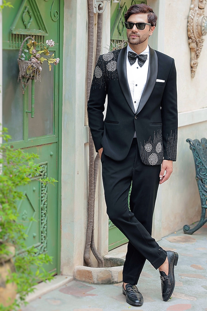 Black Crepe Blend Cutdana Hand Embroidered Tuxedo Set by Bhavya Bhasin