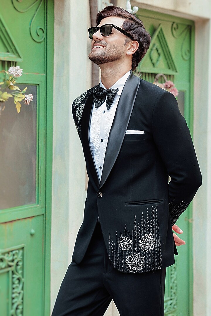 Black Crepe Blend Cutdana Hand Embroidered Tuxedo Set by Bhavya Bhasin at Pernia's Pop Up Shop