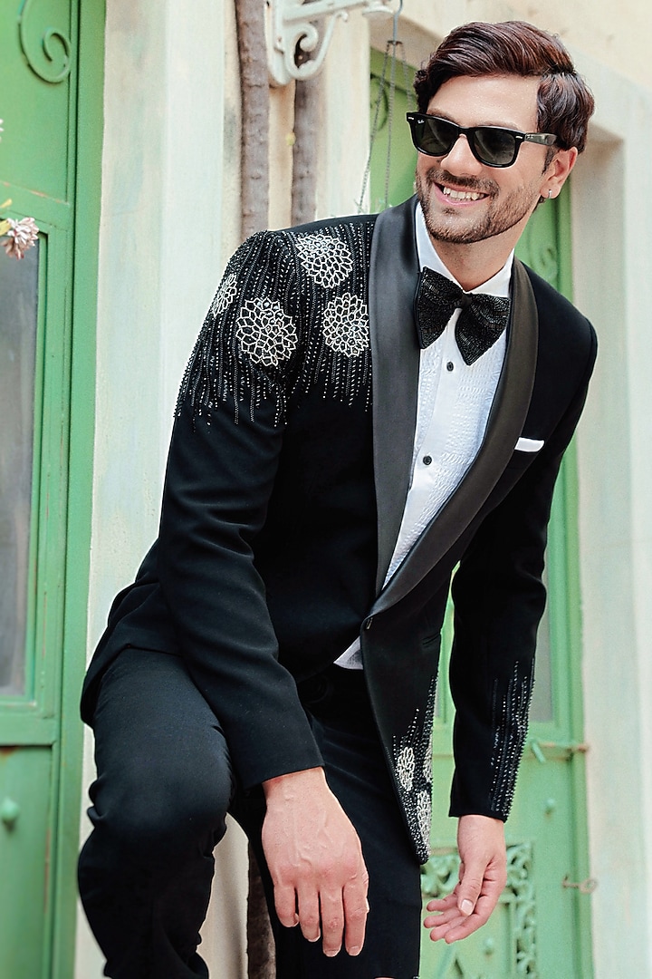 Black Crepe Blend Cutdana Hand Embroidered Tuxedo Set by Bhavya Bhasin at Pernia's Pop Up Shop