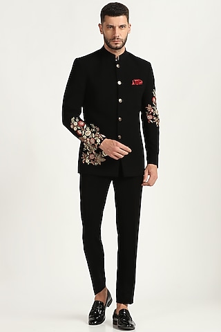 Black Poly Viscose Embroidered Bandhgala Set by Bhavya Bhasin