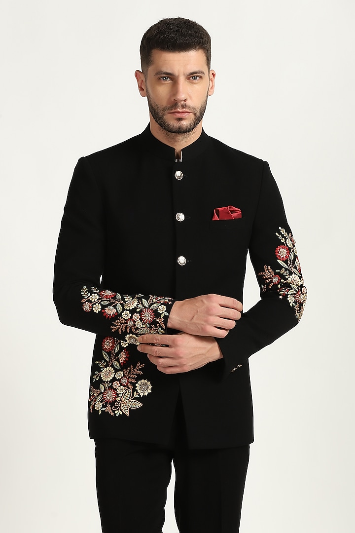 Black Poly Viscose Embroidered Wedding Bandhgala Set by Bhavya Bhasin at Pernia's Pop Up Shop