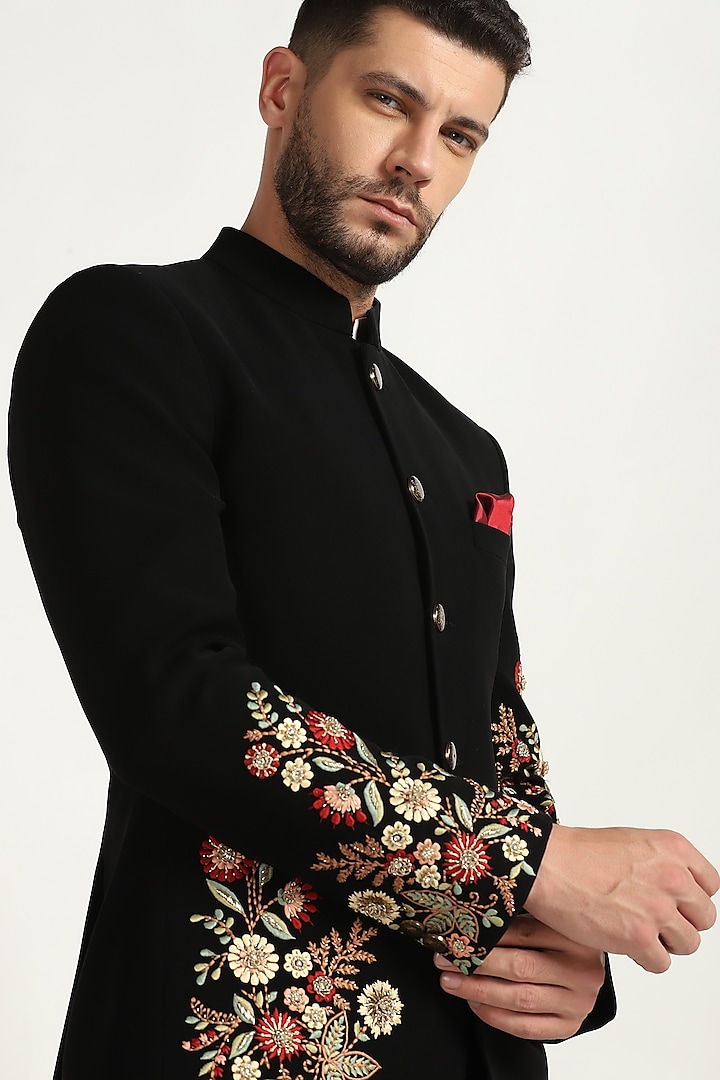 Black Poly Viscose Embroidered Wedding Bandhgala Set by Bhavya Bhasin at Pernia's Pop Up Shop