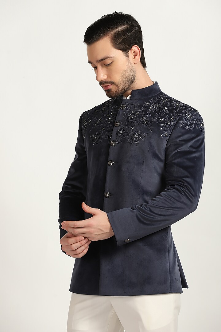 Teal Blue Cotton Velvet Embroidered Bandgala Set by Bhavya Bhasin at Pernia's Pop Up Shop