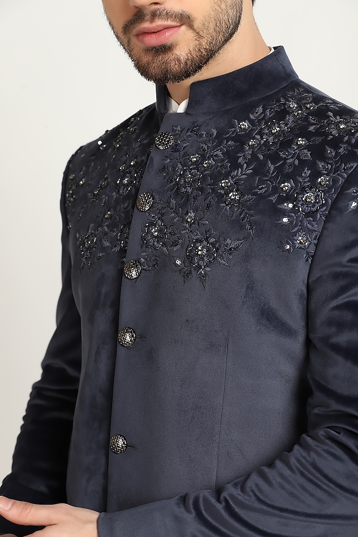 Teal Blue Cotton Velvet Embroidered Bandgala Set by Bhavya Bhasin at Pernia's Pop Up Shop