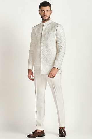 Ivory Poly Wool Embroidered Bandhgala Set by Bhavya Bhasin