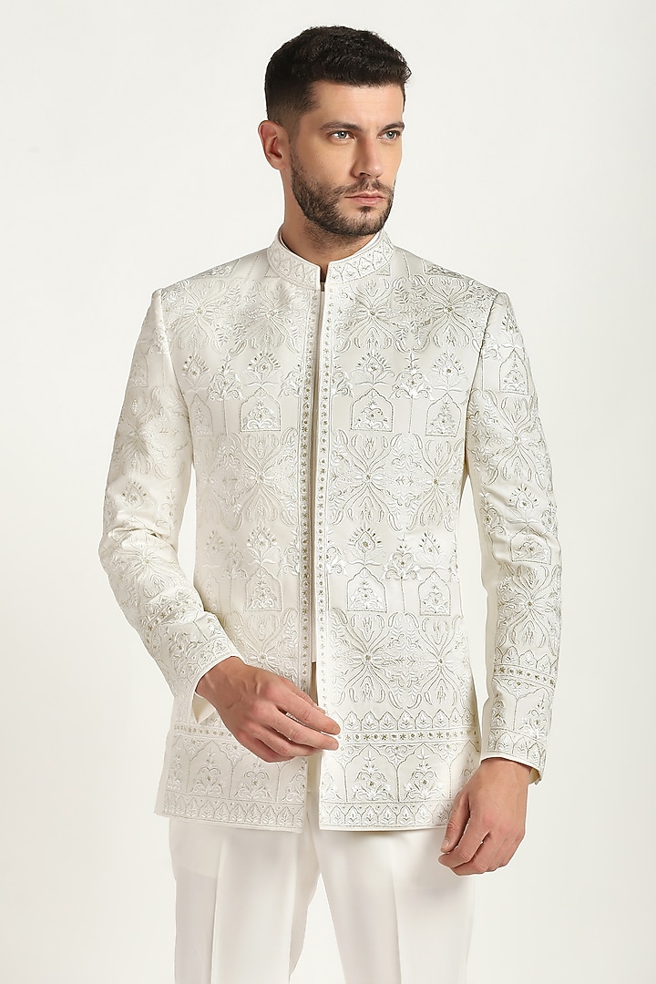 Ivory Poly Wool Embroidered Wedding Bandhgala Set by Bhavya Bhasin at Pernia's Pop Up Shop
