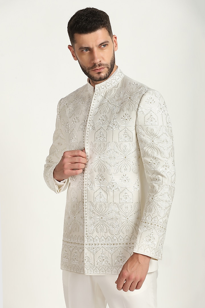 Ivory Poly Wool Embroidered Wedding Bandhgala Set by Bhavya Bhasin at Pernia's Pop Up Shop