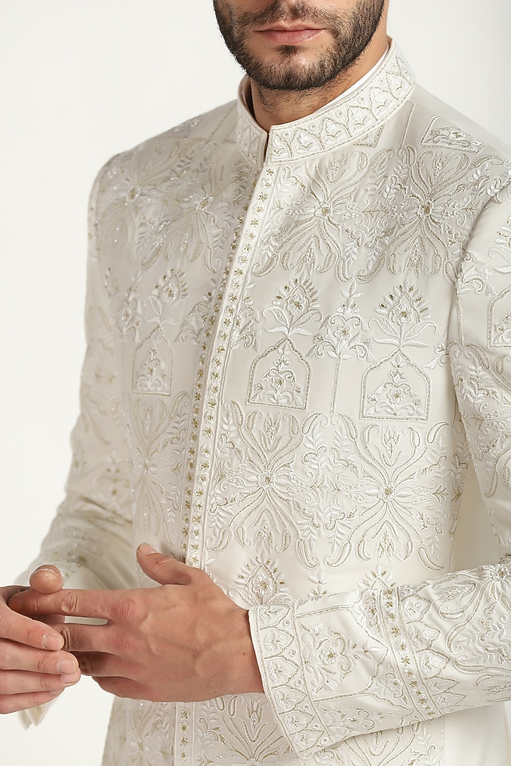 Ivory Poly Wool Embroidered Wedding Bandhgala Set by Bhavya Bhasin at Pernia's Pop Up Shop