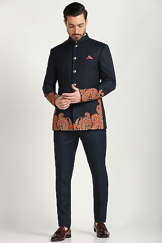 Navy Poly Wool Embroidered Bandhgala Set by Bhavya Bhasin