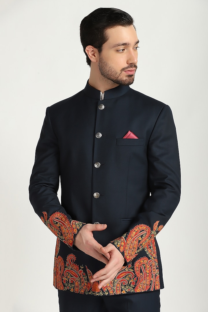 Navy Poly Wool Embroidered Wedding Bandhgala Set by Bhavya Bhasin at Pernia's Pop Up Shop
