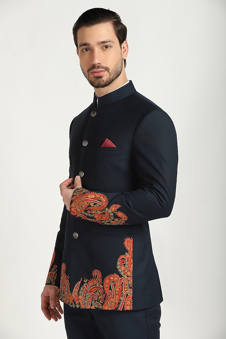 Navy Poly Wool Embroidered Wedding Bandhgala Set by Bhavya Bhasin at Pernia's Pop Up Shop