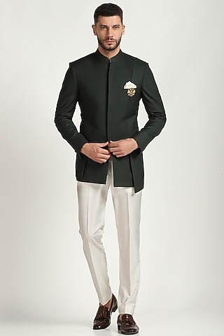 Green Poly Wool Layered Bandhgala Set by Bhavya Bhasin