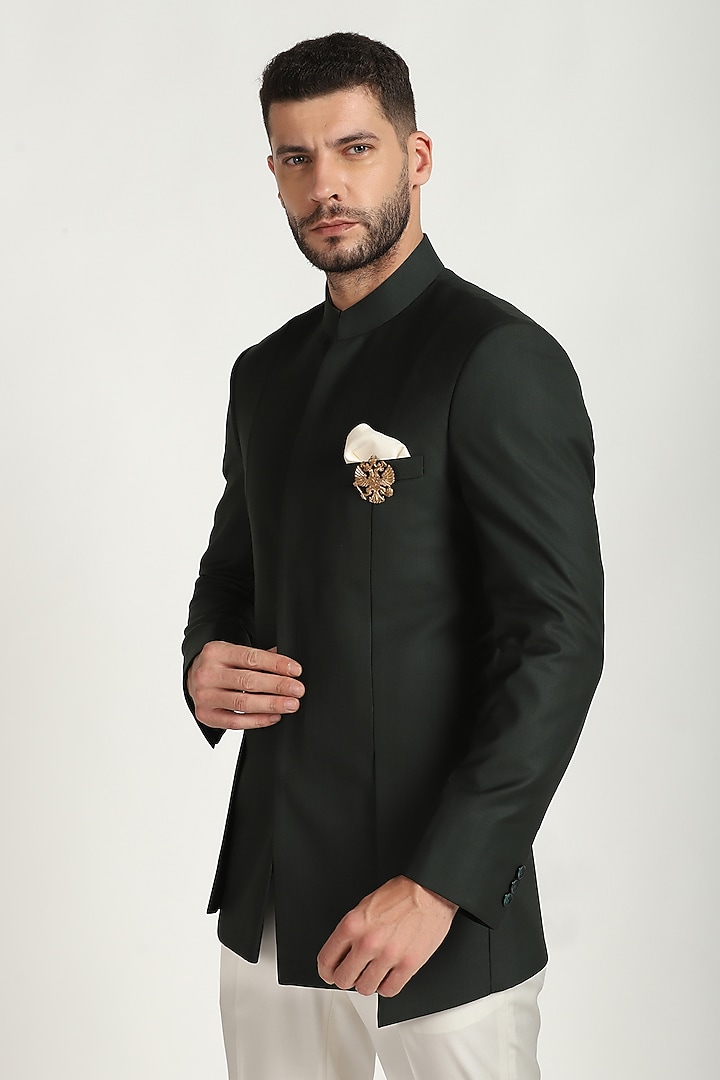 Green Poly Wool Layered Bandhgala Set by Bhavya Bhasin at Pernia's Pop Up Shop