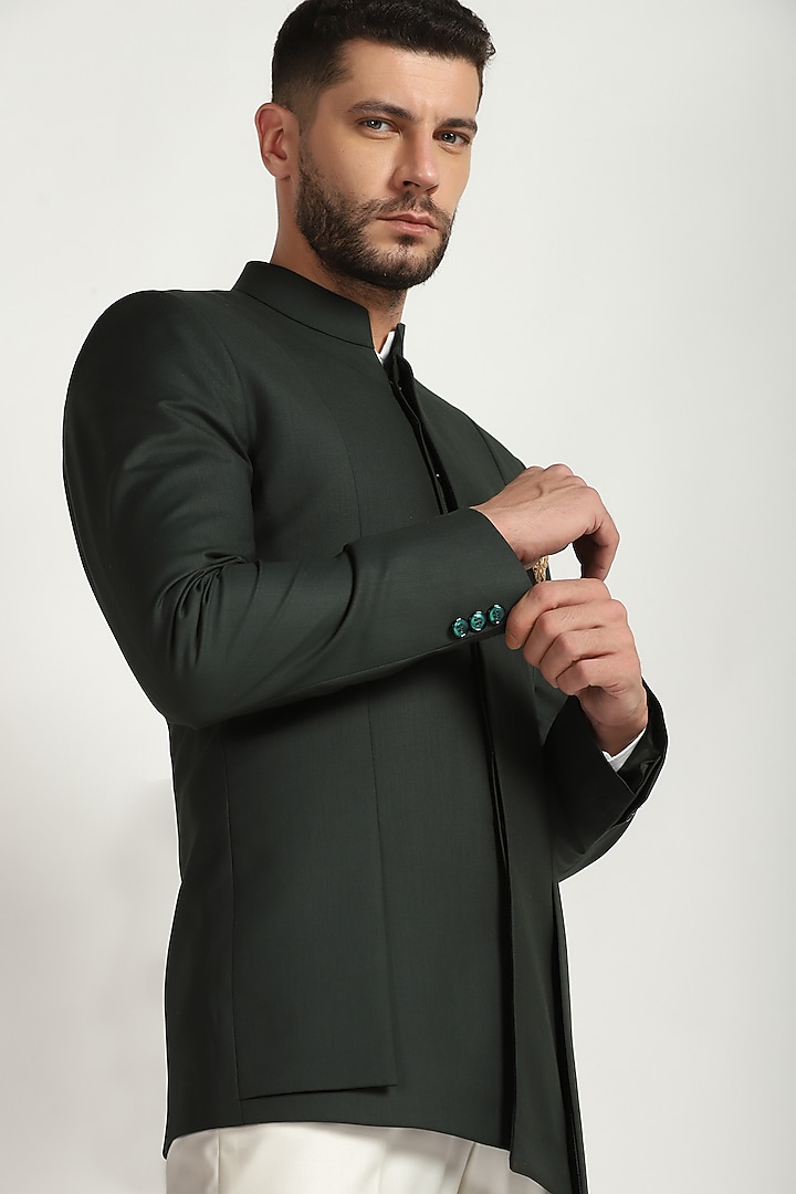 Green Poly Wool Layered Bandhgala Set by Bhavya Bhasin at Pernia's Pop Up Shop