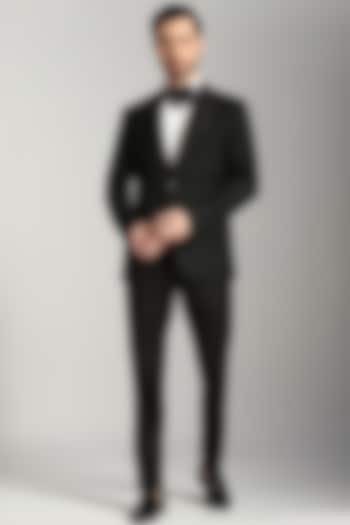 Black Poly Wool Embroidered Tuxedo Set by Bhavya Bhasin at Pernia's Pop Up Shop