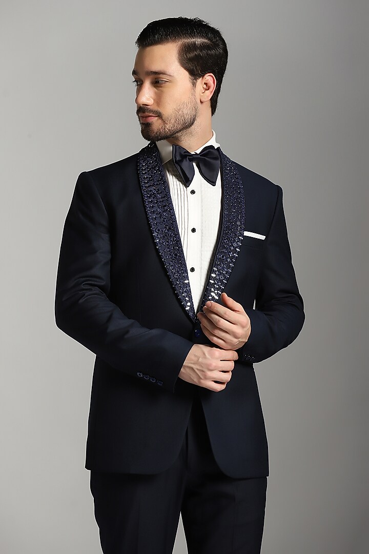 Blue Poly Wool Embroidered Tuxedo Set by Bhavya Bhasin at Pernia's Pop Up Shop