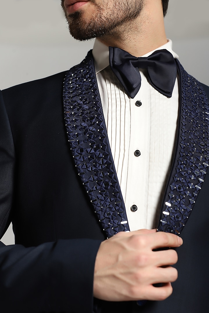 Blue Poly Wool Embroidered Tuxedo Set by Bhavya Bhasin at Pernia's Pop Up Shop