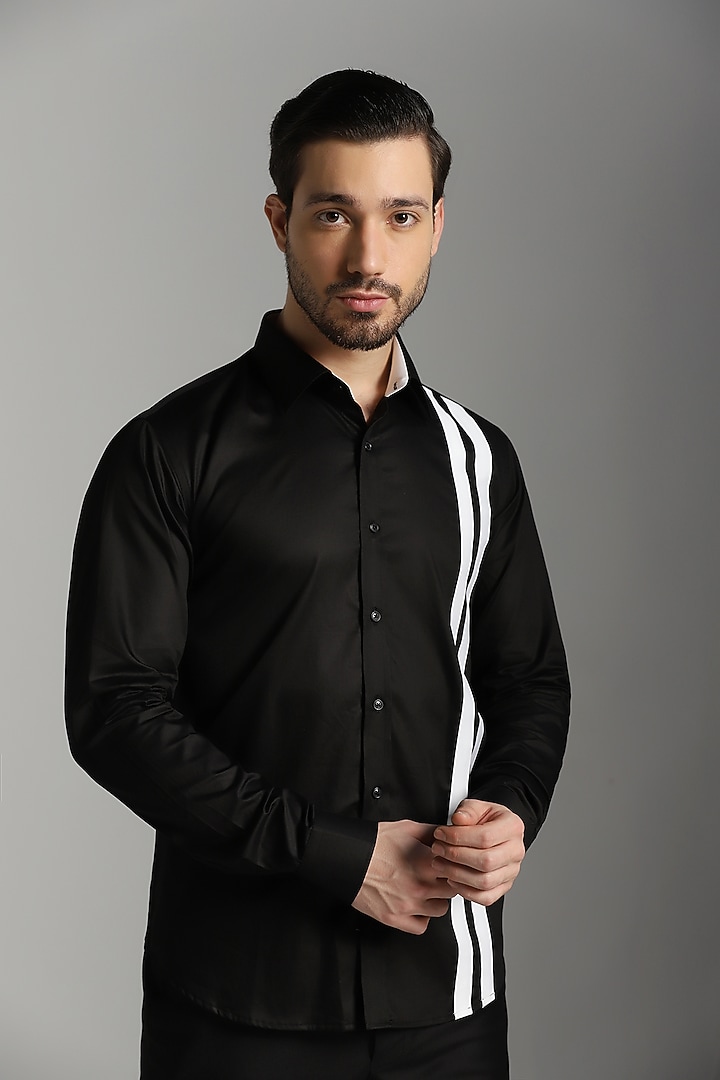 Black Cotton Striped Summer Shirt by Bhavya Bhasin at Pernia's Pop Up Shop