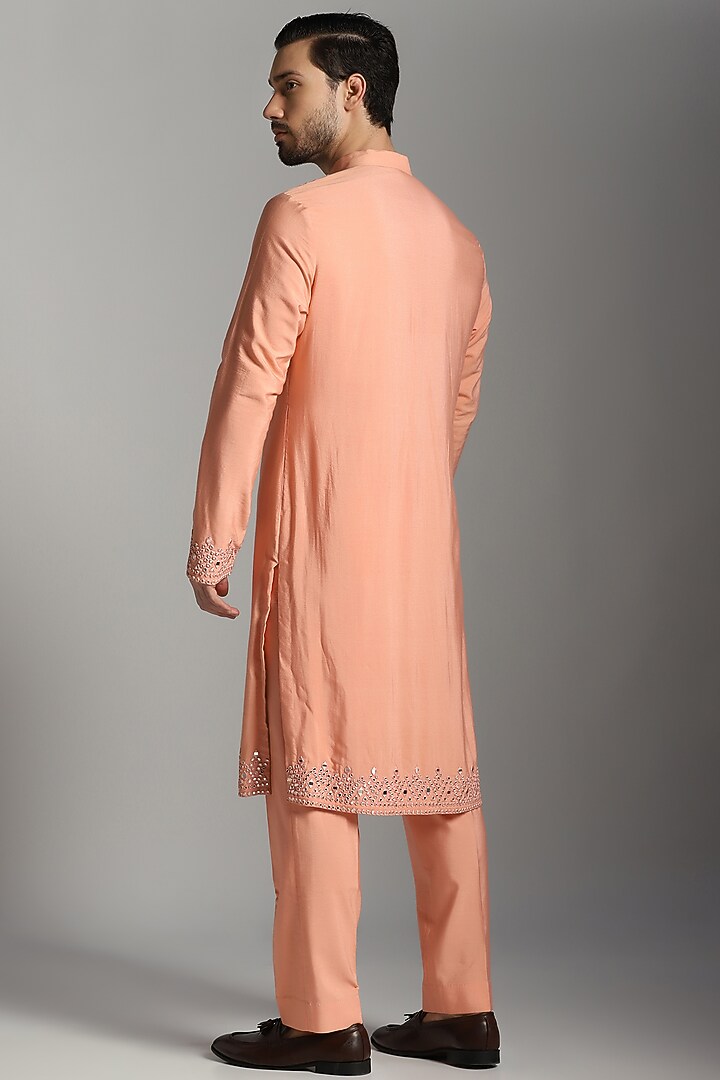 Peach Cotton Poly Mirror Embroidered Kurta Set by Bhavya Bhasin at Pernia's Pop Up Shop