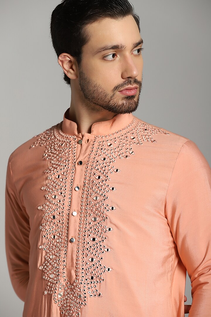 Peach Cotton Poly Mirror Embroidered Kurta Set by Bhavya Bhasin at Pernia's Pop Up Shop