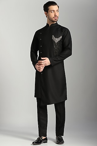 Black Poly Wool Embroidered Kurta Set by Bhavya Bhasin