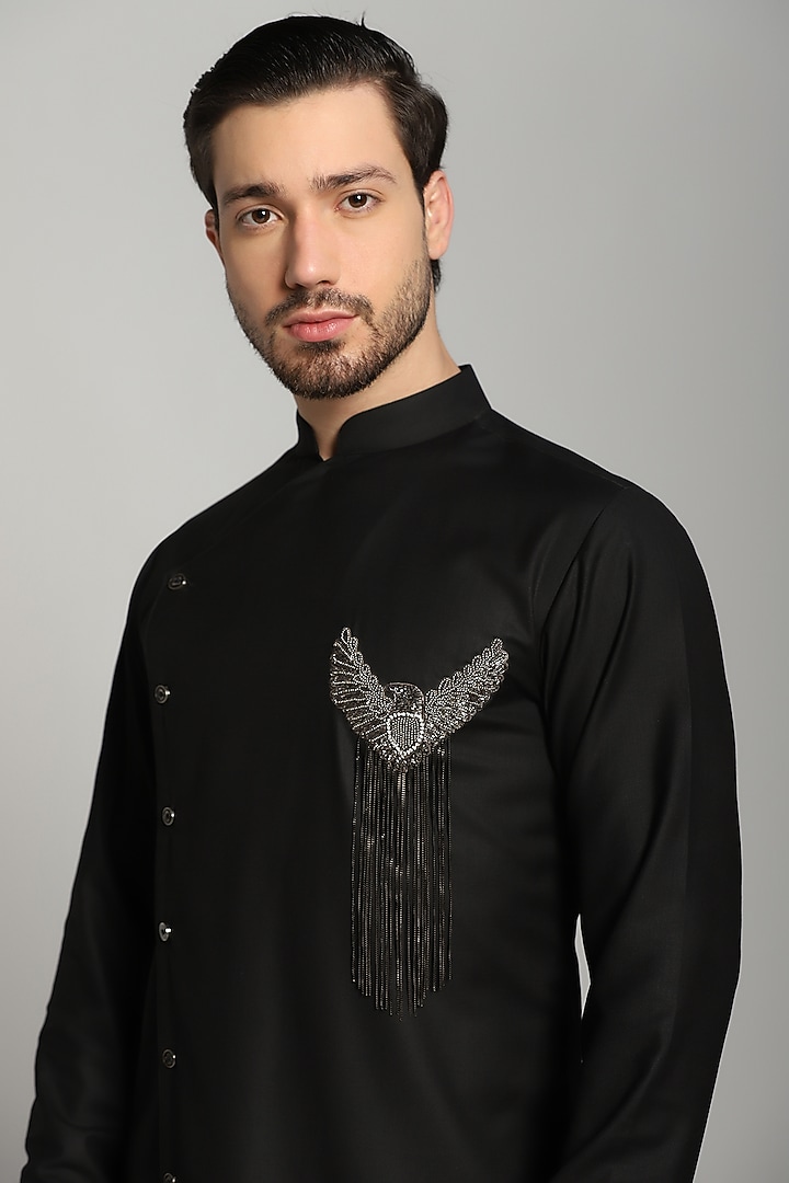 Black Poly Wool Embroidered Kurta Set by Bhavya Bhasin at Pernia's Pop Up Shop