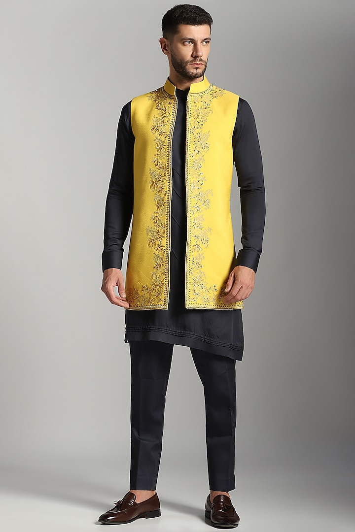 Yellow Cotton Modal Embroidered Indo-Western Jacket With Kurta Set by Bhavya Bhasin