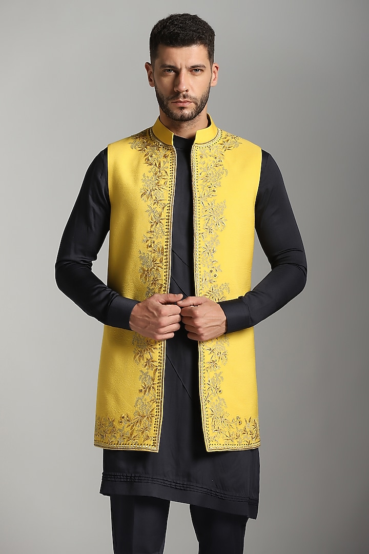 Yellow Cotton Modal Embroidered Indo-Western Jacket With Kurta Set by Bhavya Bhasin at Pernia's Pop Up Shop