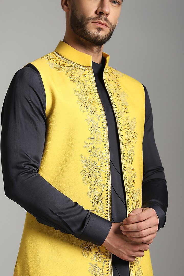Yellow Cotton Modal Embroidered Indo-Western Jacket With Kurta Set by Bhavya Bhasin at Pernia's Pop Up Shop