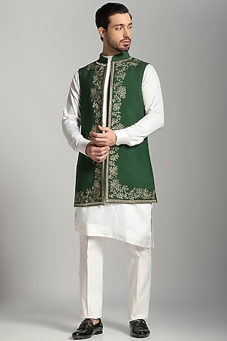 Green Cotton Modal Embroidered Indo-Western Jacket With Kurta Set by Bhavya Bhasin