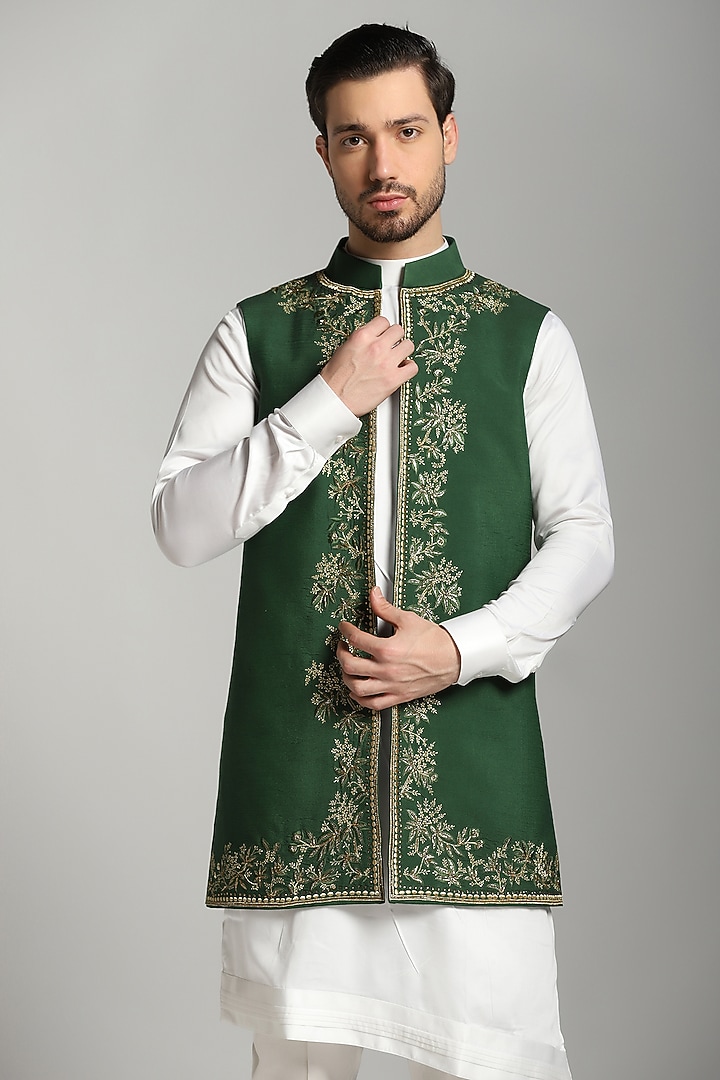 Green Cotton Modal Embroidered Indo-Western Jacket With Kurta Set by Bhavya Bhasin at Pernia's Pop Up Shop