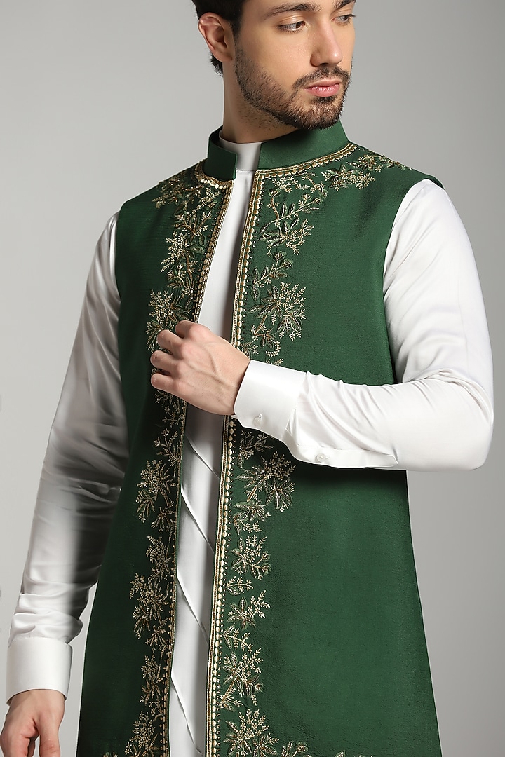 Green Cotton Modal Embroidered Indo-Western Jacket With Kurta Set by Bhavya Bhasin at Pernia's Pop Up Shop