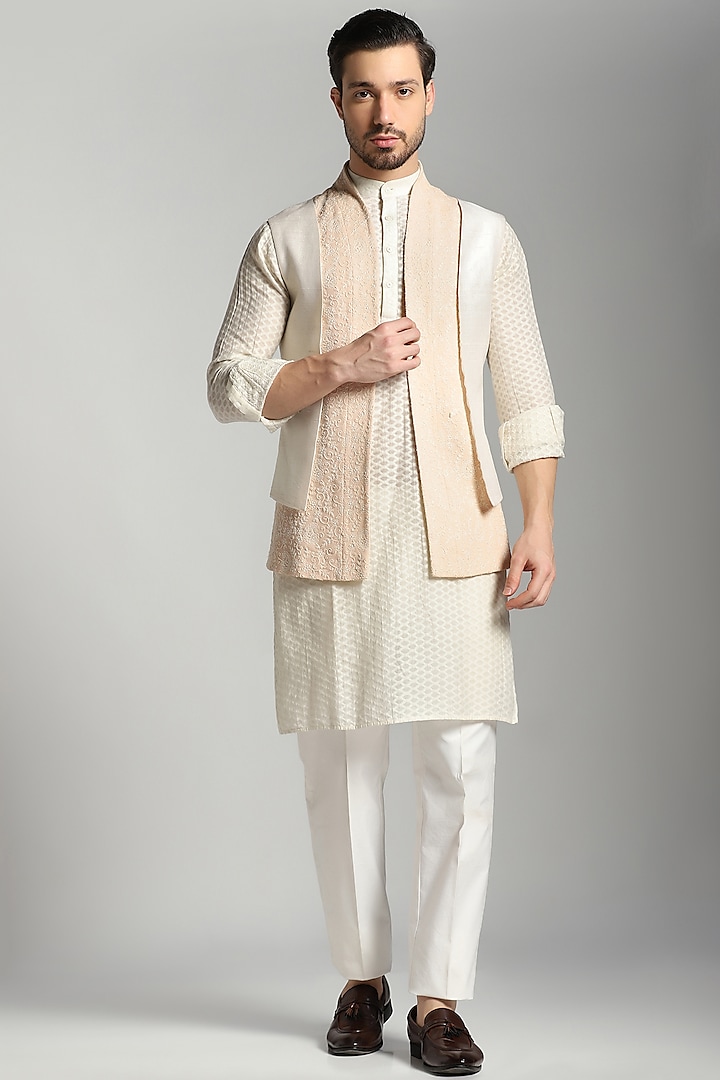 Peach Lucknowi Layered Indo-Western Jacket With Kurta Set by Bhavya Bhasin