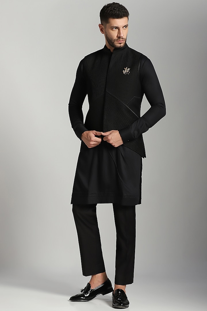 Black Poly Wool & Cotton Modal Nehru Jacket Set by Bhavya Bhasin