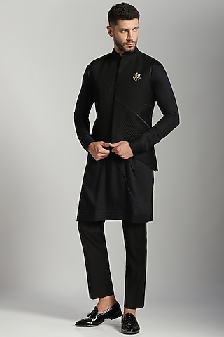 Black Poly Wool & Cotton Modal Nehru Jacket Set by Bhavya Bhasin