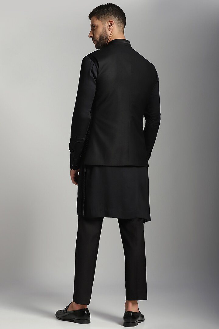 Black Poly Wool & Cotton Modal Nehru Jacket Set by Bhavya Bhasin at Pernia's Pop Up Shop