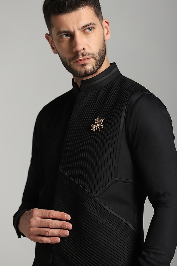 Black Poly Wool & Cotton Modal Nehru Jacket Set by Bhavya Bhasin at Pernia's Pop Up Shop