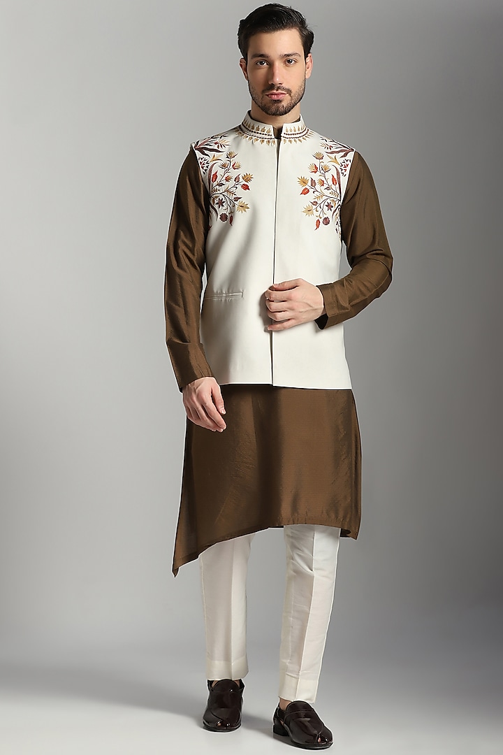 Ivory Poly Wool Embroidered Nehru Jacket With Kurta Set by Bhavya Bhasin