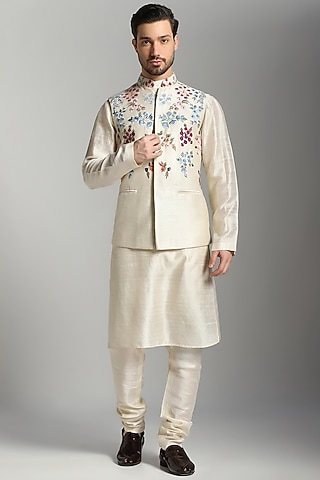 Ivory Raw Silk Nehru Jacket Set by Bhavya Bhasin