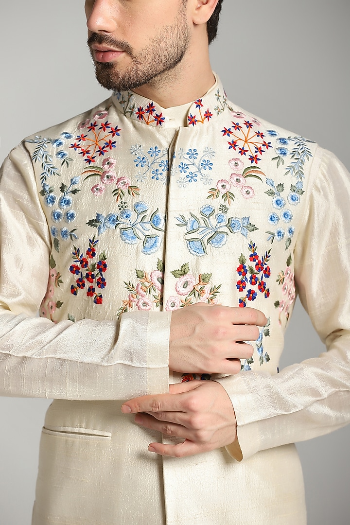 Ivory Raw Silk Nehru Jacket Set by Bhavya Bhasin at Pernia's Pop Up Shop