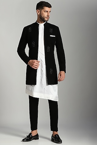 Black Poly Fiber & Cotton Mul Embroidered Indo-Western Set by Bhavya Bhasin
