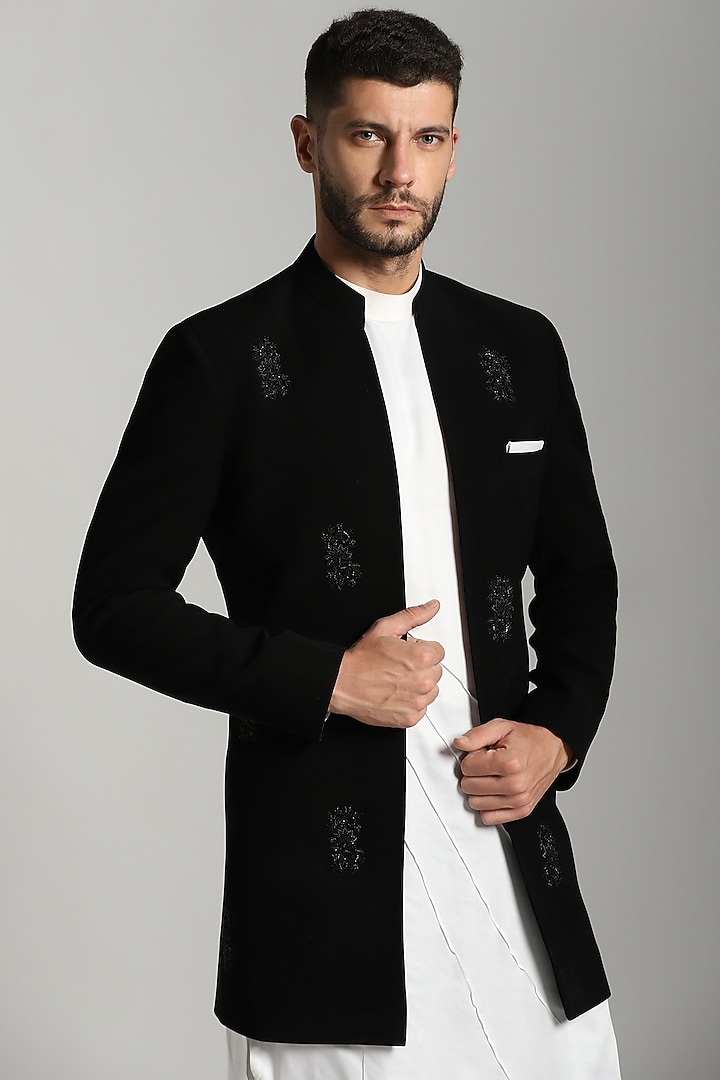 Black Poly Fiber & Cotton Mul Embroidered Indo-Western Set by Bhavya Bhasin at Pernia's Pop Up Shop