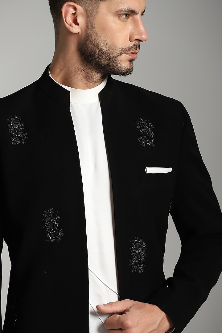 Black Poly Fiber & Cotton Mul Embroidered Indo-Western Set by Bhavya Bhasin at Pernia's Pop Up Shop