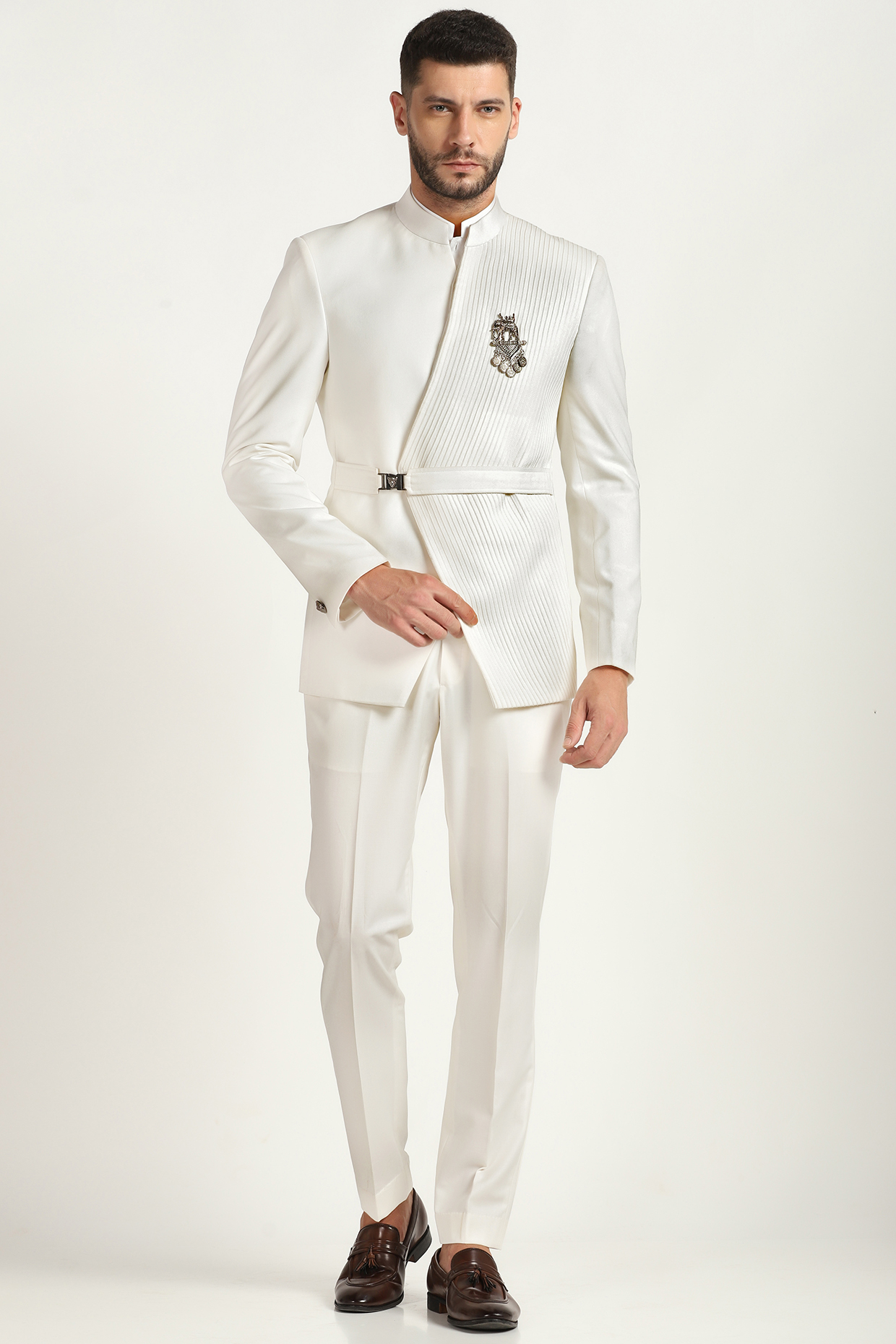 Ivory Poly Wool Bandhgala Set by Bhavya Bhasin at Pernia's Pop Up Shop