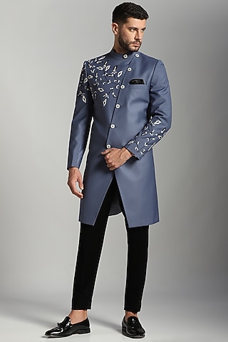 Blue Cotton Silk Embroidered Indo-Western Set by Bhavya Bhasin
